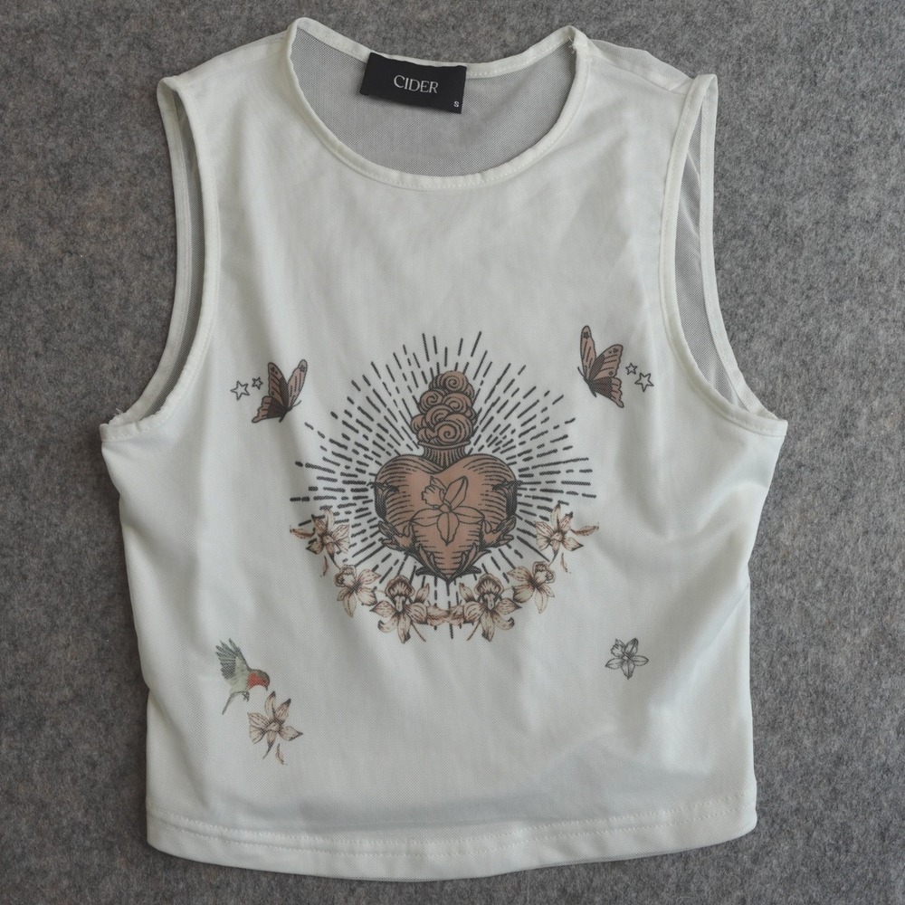 Sacred Heart Sheer Mesh Tank Top Cropped Baby Tee S White Butterfly Fairy Y2K